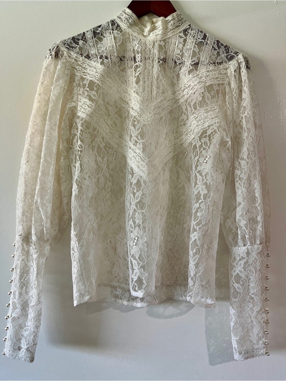 Gunne Sax Ivory Lace High-Neck Blouse with Pearl Cuff Buttons